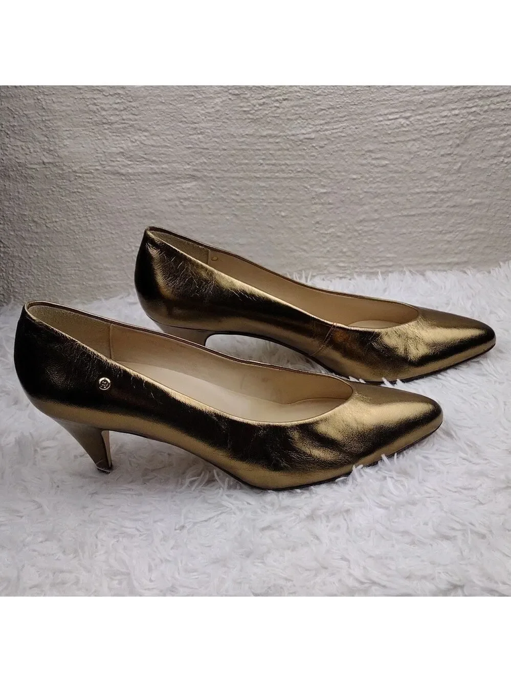 Etienne Aigner Gail Gold Leather  Pointed-Toe Skinny Heel Slip On Pump Shoe